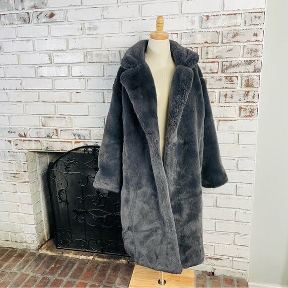 Grey Luxury Faux Fur Fall Winter Trending Street Style Long Coat Jacket Size Lg - Picture 5 of 9
